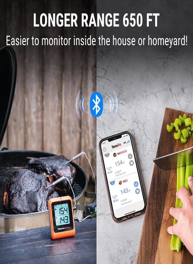 ثيرمو برو مقياس حرارة رقمي لاسلكي للحوم من ThermoPro بمدى 650 قدمًا للشواء والتدخين، مزود بمسبارين يعملان بتقنية البلوتوث لطهي الديك الرومي والسمك ولحم البقر، ملحقات مدخن قابلة لإعادة الشحن لفرن الشواء - Image 2